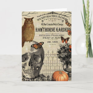 Cartão Modern vintage Halloween owl and skull