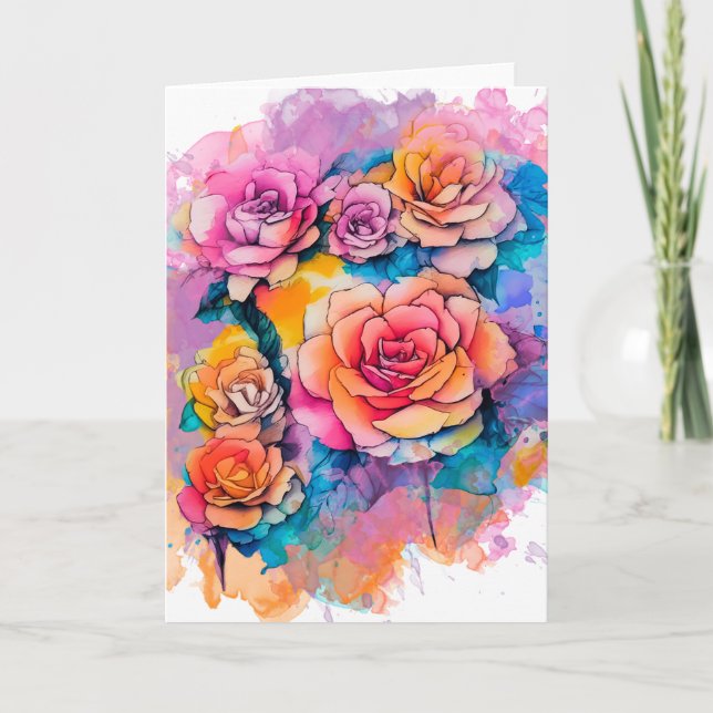 Cartão Modern Watercolor Paint Daubs Roses Bouquet (Frente)