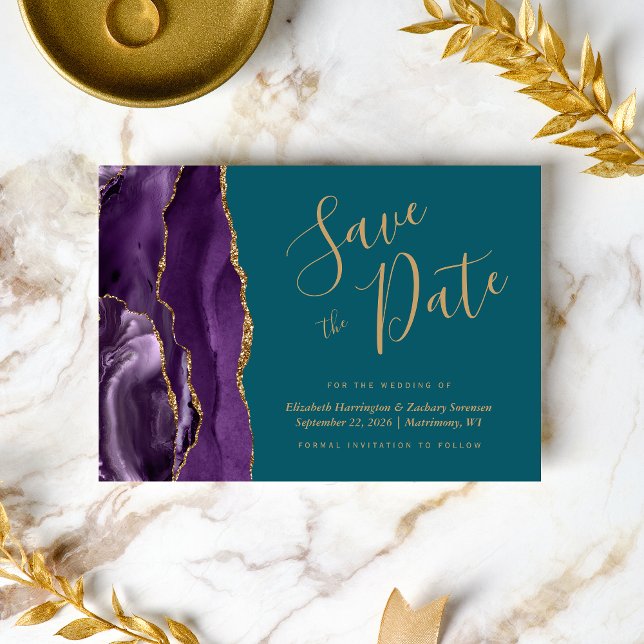 Cartão moderno de roxo e dourado com Ágata e azul  (Criador carregado)