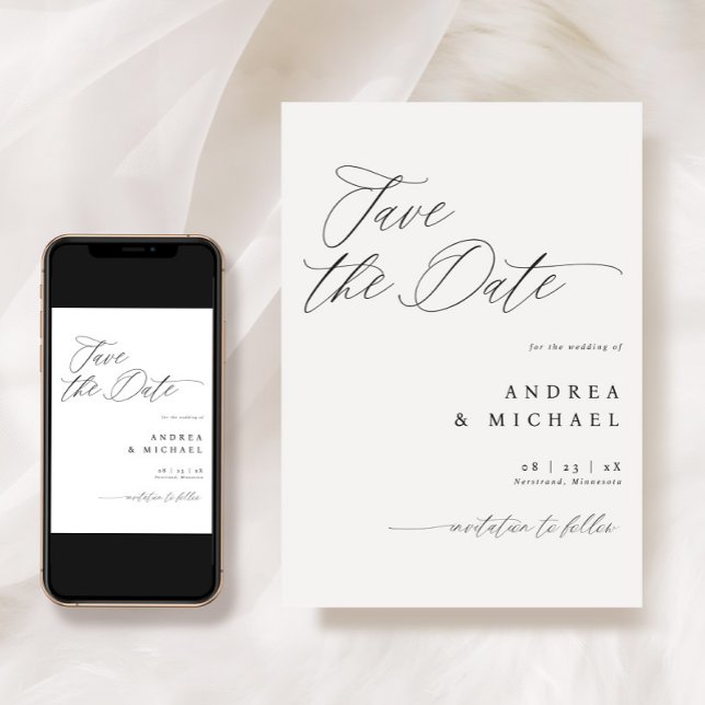 Cartão Moderno de Salvar a Data Elegante Romântico (Modern Save the Date Cards - Romantic Calligraphy Wedding - Black and White - Downloadable)