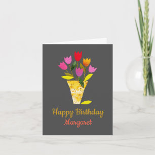 Cartão Moderno do século médio Tulipas Cheery Aniversário