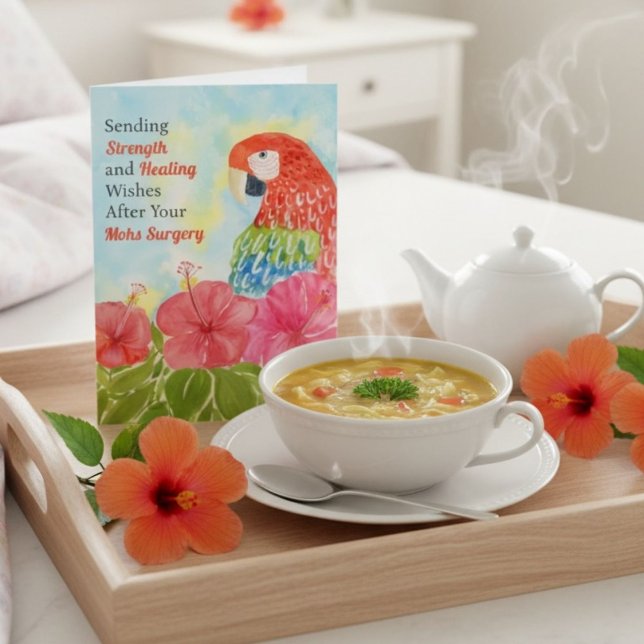 Cartão Mohs Surgery Healing Scarlet Macaws, Hibiscus (Criador carregado)