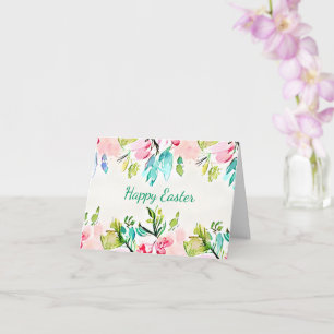 Cartão Moldura floral em aquarela rosa e azul-turquesa pe