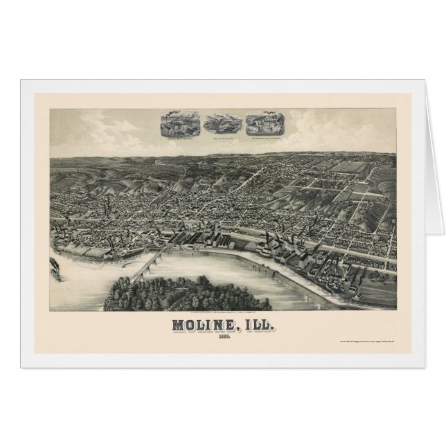 Cartão Moline, mapa panorâmico do IL - 1889 (Frente Horizontal)