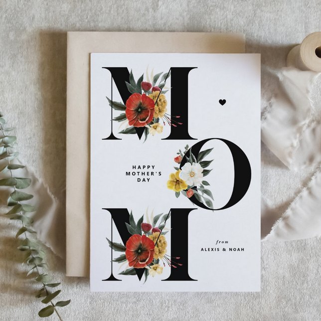 Cartão MOM Boho Flores Negro Dia de as mães Feliz (Criador carregado)