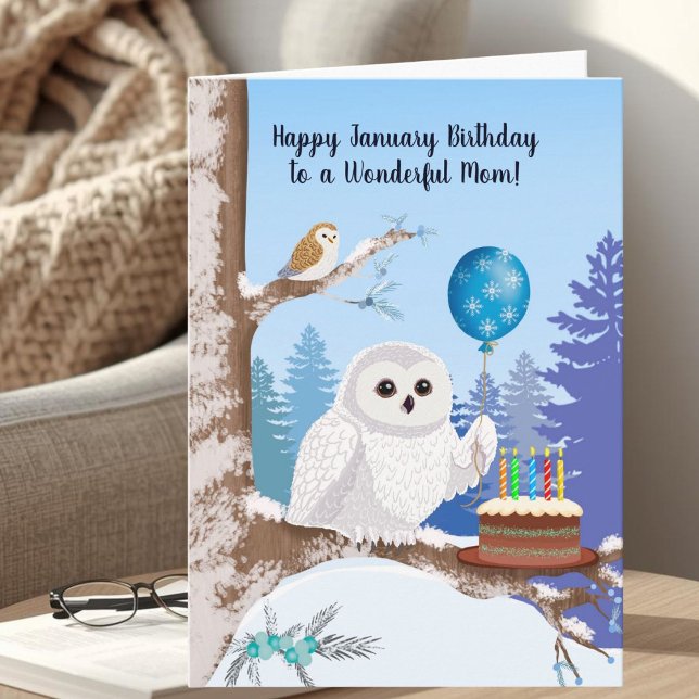 Cartão Mom Happy January Birthday Snowy Owl (Criador carregado)