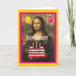 Cartão Mona Lisa Birthday With Cake and Balloons