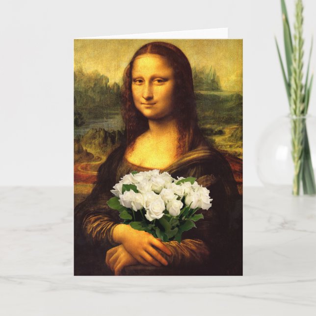 Cartão Mona Lisa Com Buquê De Rosas Brancas (Frente)