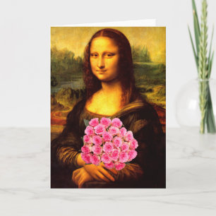 Cartão Mona Lisa Com Buquê De Rosas Rosa