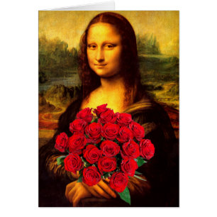 Cartão Mona Lisa com o buquê das rosas vermelhas