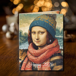 Cartão Mona Lisa de gorro - Feliz 2026