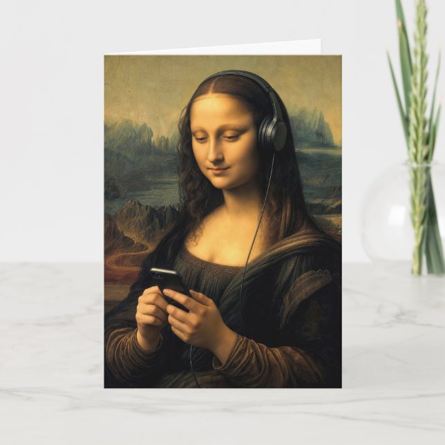 Cartão Mona Lisa Moderna de Aniversário com Smartphone (Frente)