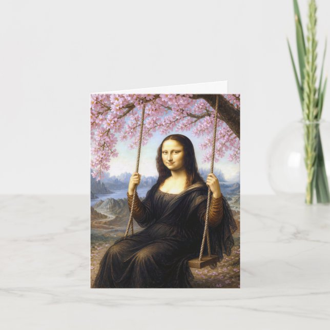 Cartão Mona Lisa num Balanço sob Flores de Cerejeira (Frente)