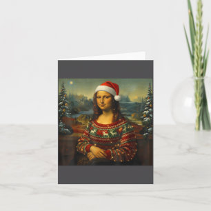 Cartão Mona Lisa Paródia Chapéu de Natal Festivo 