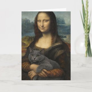 Cartão Mona Lisa segurando um gato cinza elegante