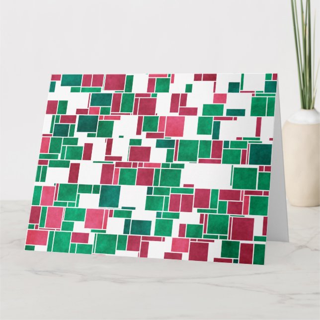 Cartão Mondrian de Natal Vermelho e Verde Moderno (Frente)