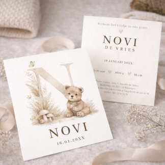Cartão Monogram N Beer Neutraal Woodland Geboortekaartje
