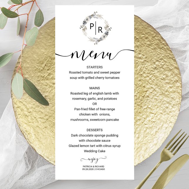 Cartão Monograma Floral de Menu de Casamento Elega (Criador carregado)
