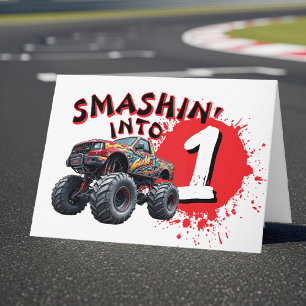 Cartão Monster Truck Smash Kids Happy primeiro aniversari