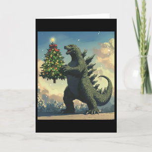 Cartão Monstro Japonês Kaiju Carregando Árvore de Natal
