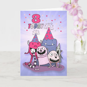 Cartão Monstros de Cartoon, cor-de-rosa e roxo, aniversár