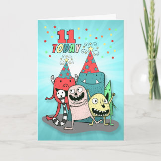 Cartão Monstros de Cartoon Vermelho e Azul, 11 de Anivers