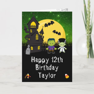 Cartão Monstros do Halloween Verde Feliz Aniversário