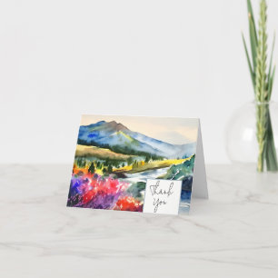 Cartão Montanha de aquarela rio e flores personalizáveis