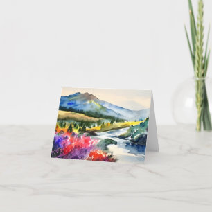 Cartão Montanha de aquarela, rio e flores personalizáveis