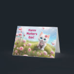 Cartão Mothers Day General with Cute White Kitten<br><div class="desc">For any mom,  a cute Happy Mother's Day card with a darling white kitten in a whimsical scene of flowers and hearts and customizable text too.</div>
