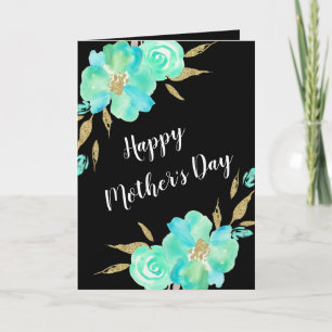 Cartão Mother's Day Gold Teal Blue Floral Custom Design