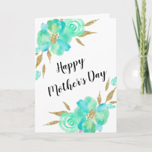 Cartão Mother's Day Gold Teal Blue Floral Custom Design