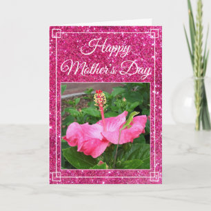 Cartão Mother's Day Pink Glitter Hibiscus Flower Photo