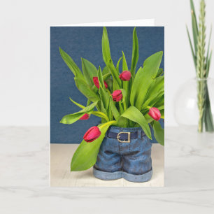 Cartão Mother's Day-red tulips in blue jean pot