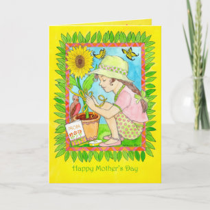 Cartão Mother's Day Sunflower, Girl with Butterflies