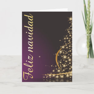 Cartão Motivo navideño morado con dorado árbol de navidad