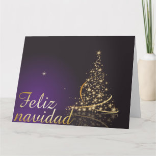 Cartão Motivo navideño morado oscuro con dorado árbol de