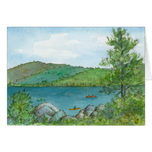 Cartão Mountain Lake Kayaking Watercolor Arte Lanscape