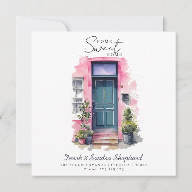 Cartão Movimentamos a Porta de Aquarela rosa-rosa do Novo (Frente)