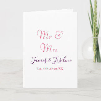 Cartão Mr and Mrs add name est. Date year wedding couple 
