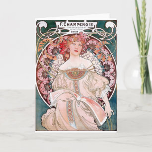 Cartão Mucha Champenois paris pink dress lady art deco