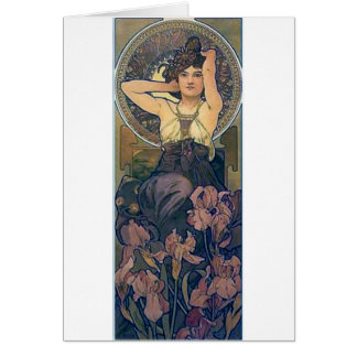 Cartão Mucha iris flores mulher art deco
