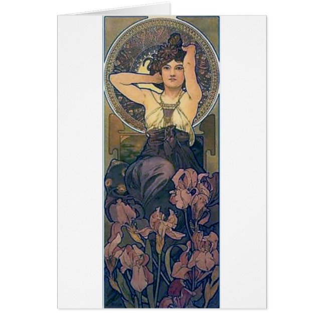 Cartão Mucha iris flores mulher art deco (Frente)