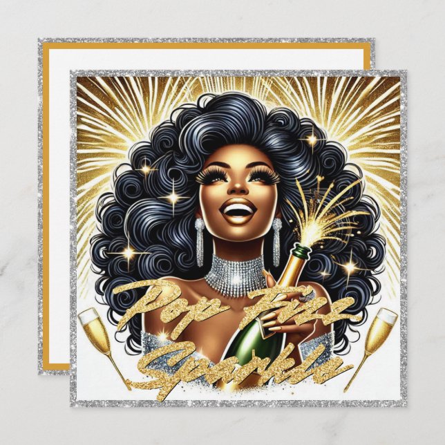 Cartão Mulher Afro-Americana Glamourosa Feliz Ano Novo (Frente/Verso)