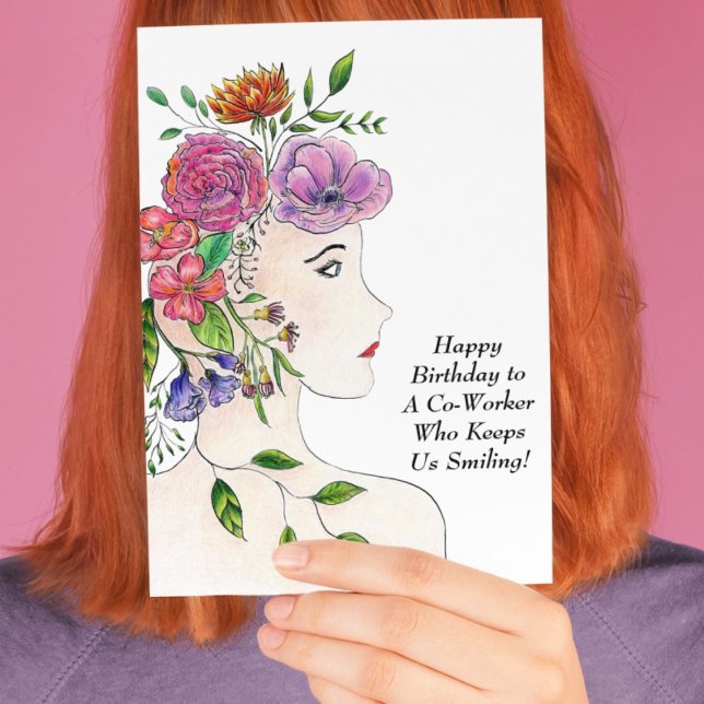Cartão Mulher Aniversariante Com Flores Colega de Trabalh (Criador carregado)