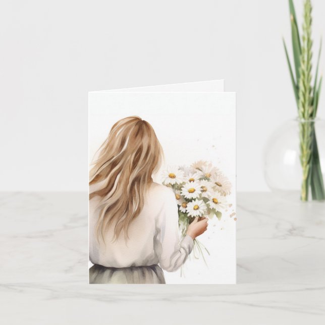 Cartão Mulher Aquarela com margarida (Frente)