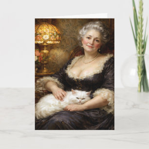 Cartão Mulher Barroca de Aniversário Posando com Gato Bra