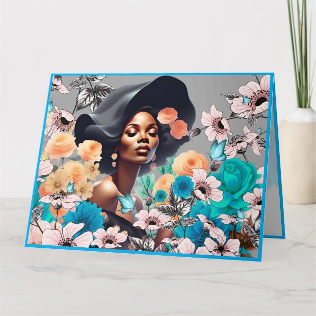 CARTÃO MULHER BELEZA NEGRA FLORES BORBOLETAS TONS CINZA (Frente)