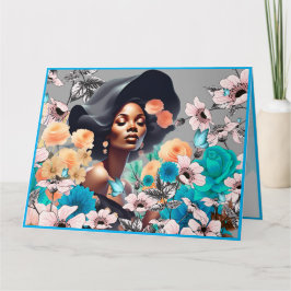 CARTÃO MULHER BELEZA NEGRA FLORES TONS DE CINZA BORBOLETA