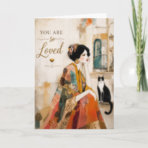 Cartão Mulher Boho e Tema de Amor Inspirador com Gato